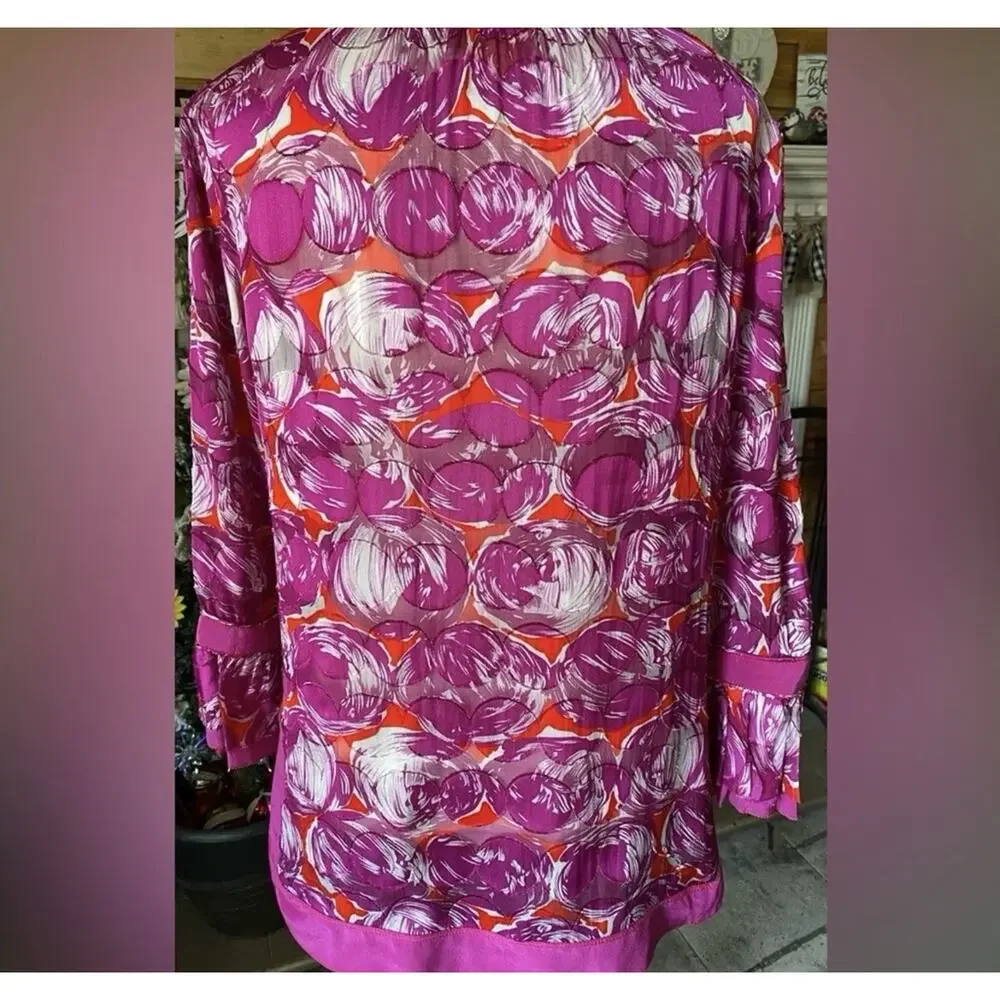 Tory Burch Silk Sheer Tassel Tunic Blouse Pink Purple Boho Resort Top Sz 4
